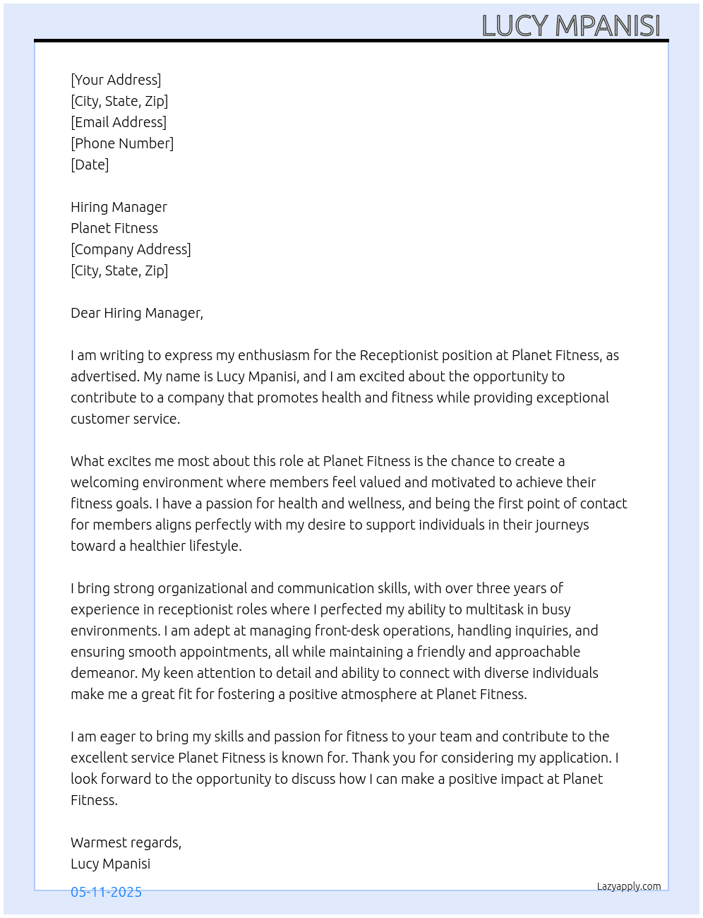 Receptionist  At Planet fitness Cover Letter
