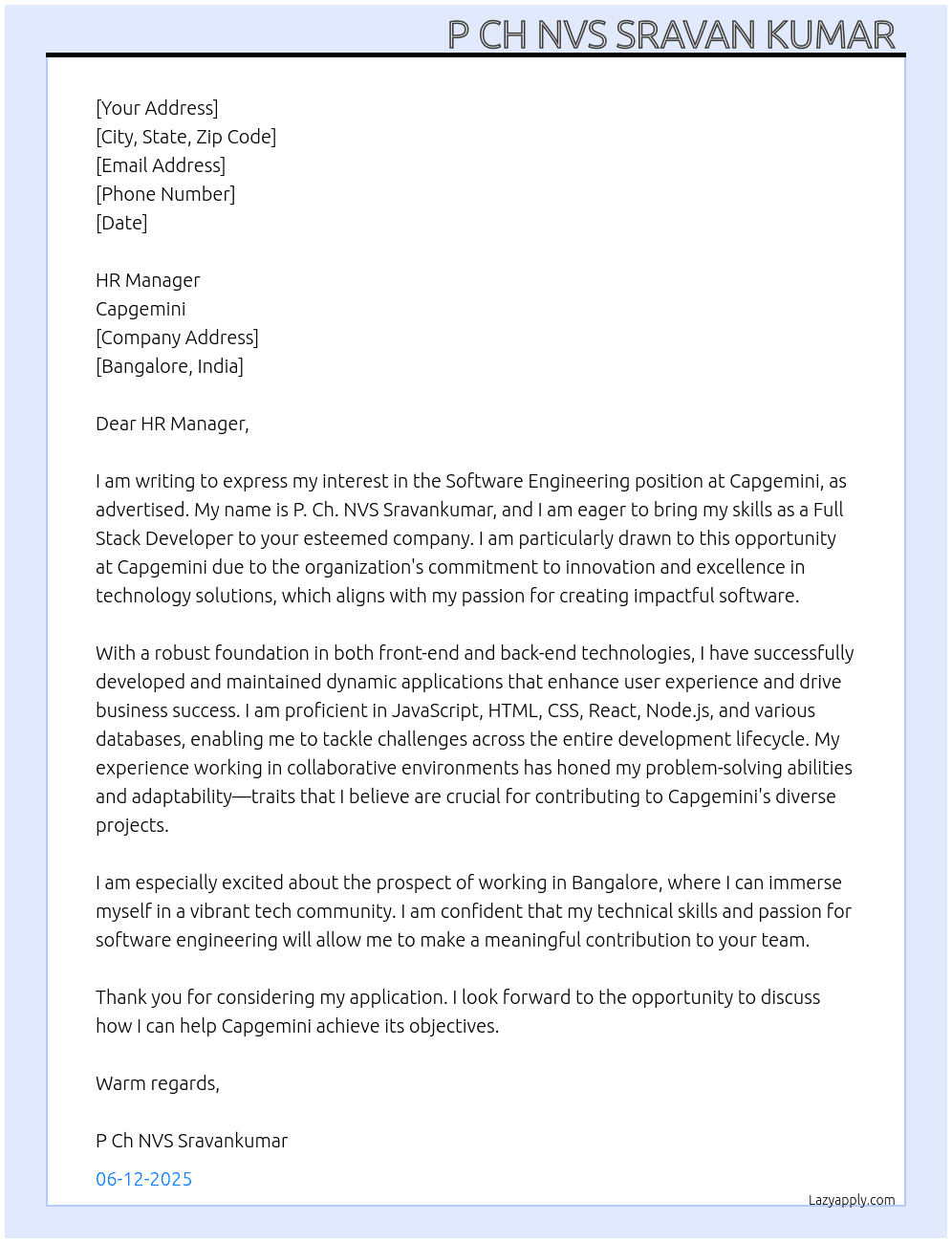 SOFTWARE ENGINEERING At CAPGEMINI Cover Letter