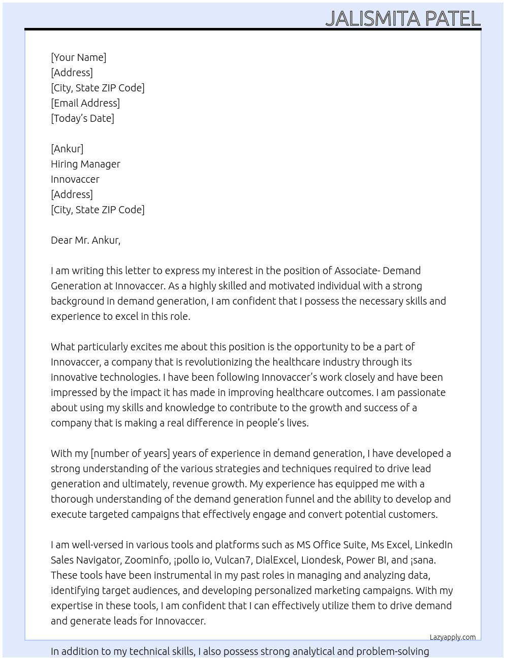 Associate- Demand Generation At Innovaccer Cover Letter