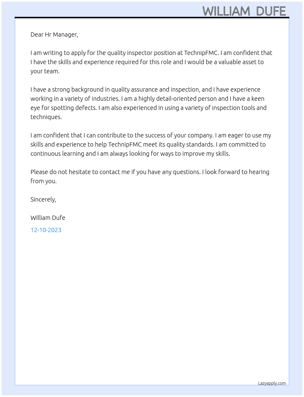 Quality inspector  At TechnipFMC Cover Letter