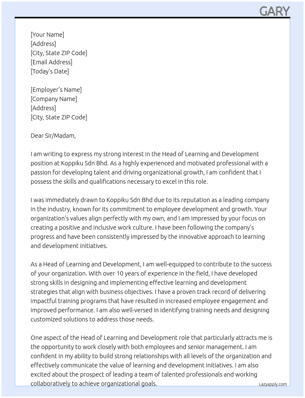 Head of Learning and Development At Koppiku Sdn Bhd Cover Letter