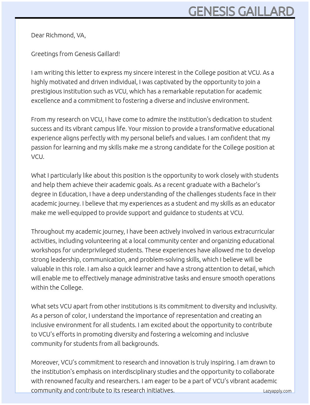 College At VCU Cover Letter