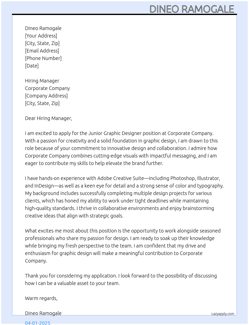 Junior graphic designer  At Corporate Company  Cover Letter