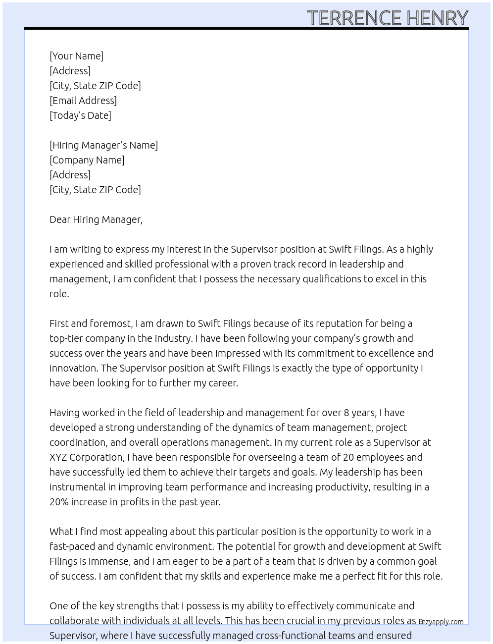Supervisor At Swift Filings Cover Letter