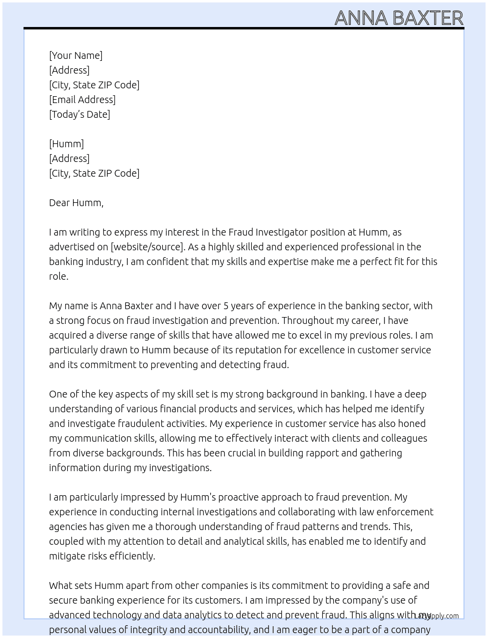 Fraud investigator At Humm Cover Letter