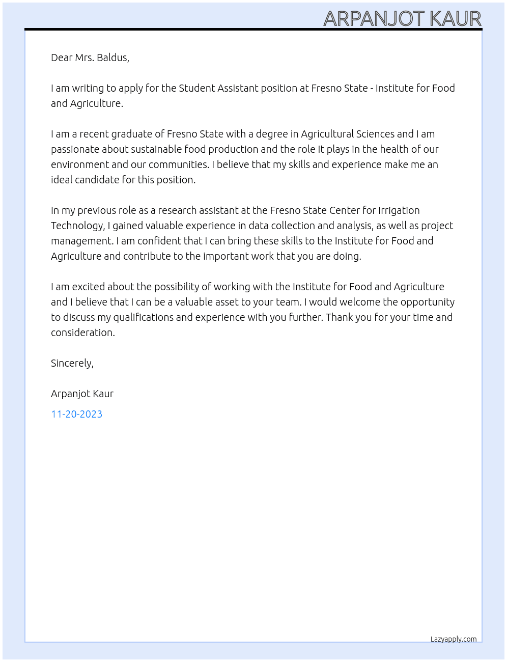 Student Assistant At  Fresno State - Institute for Food and Agriculture Cover Letter