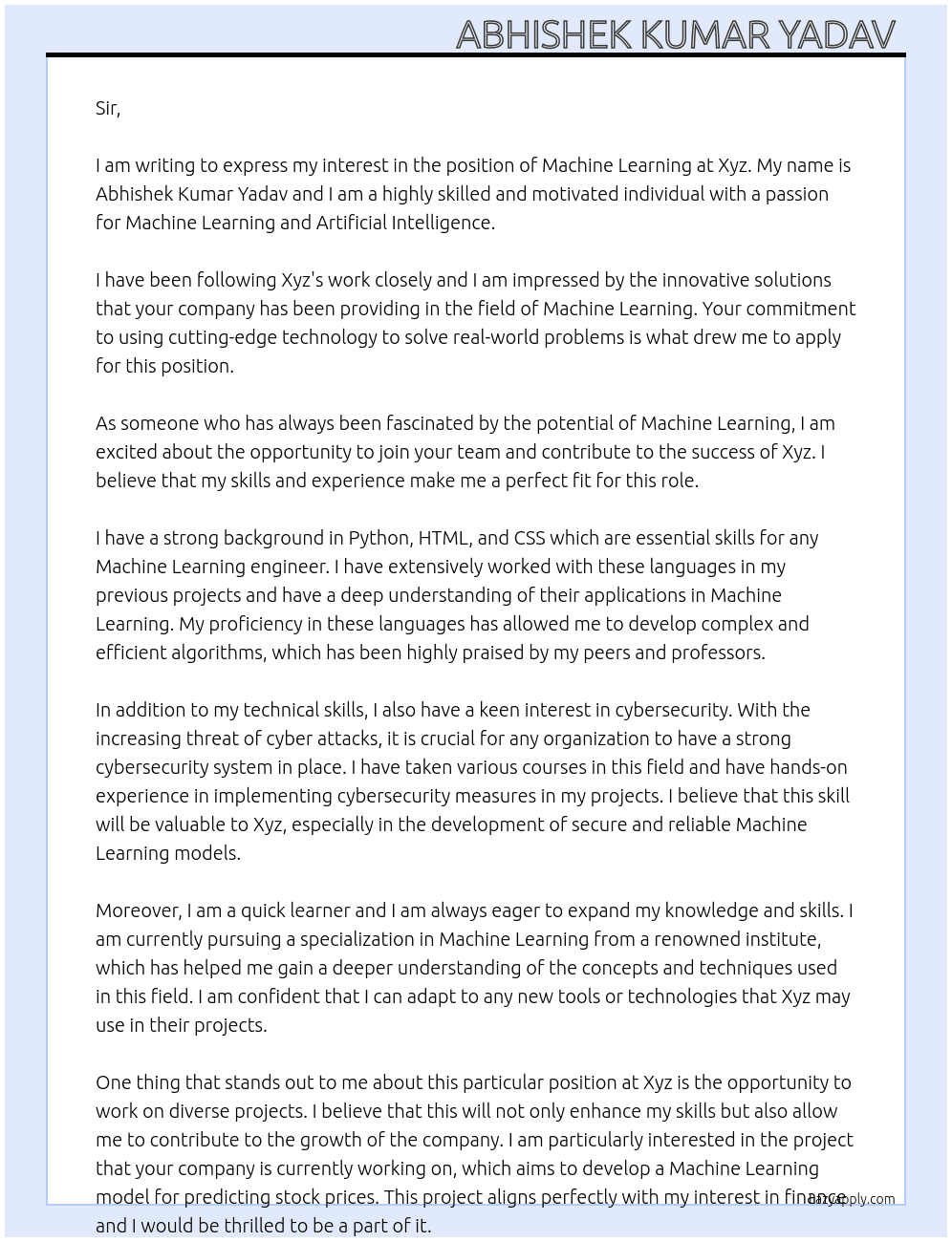 Machine learning  At Xyz Cover Letter