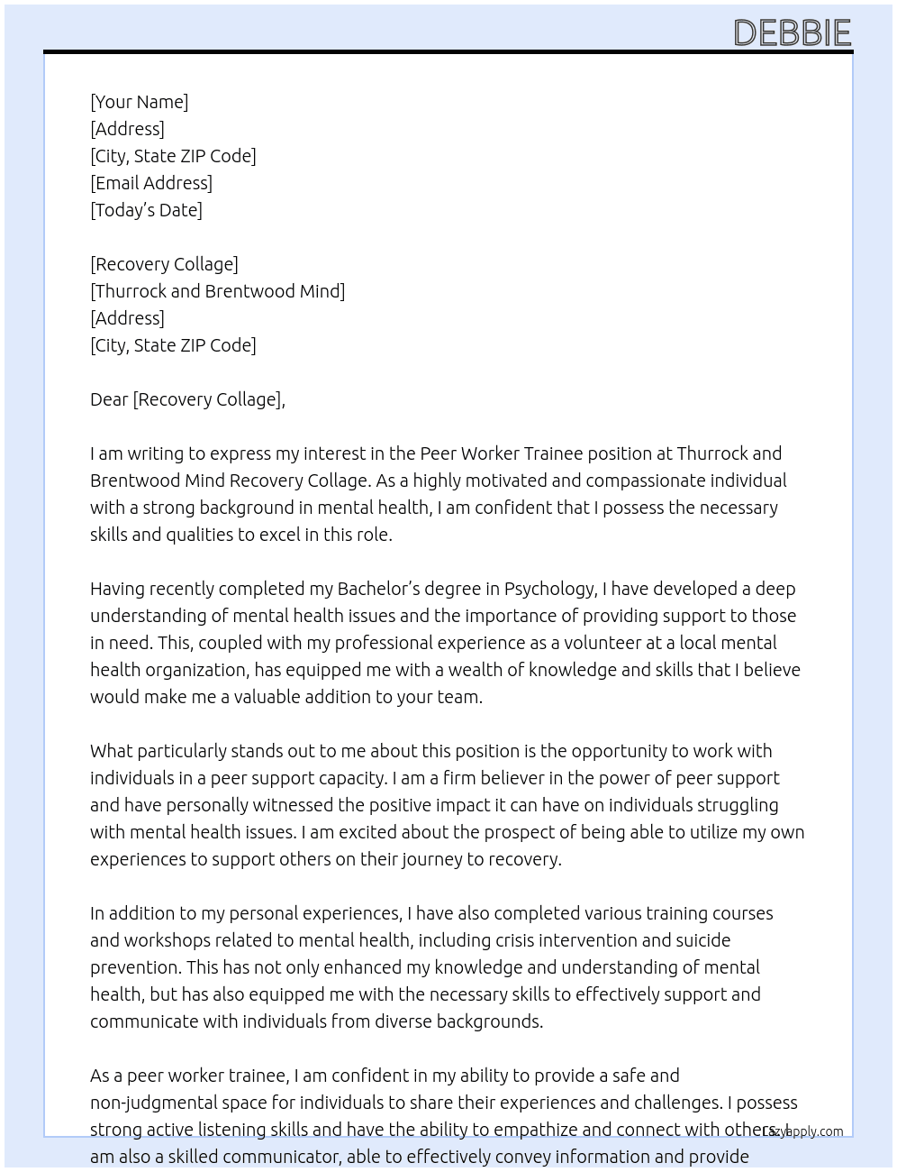 Peer worker trainee At Thurrock and Brentwood mind recovery collage  Cover Letter