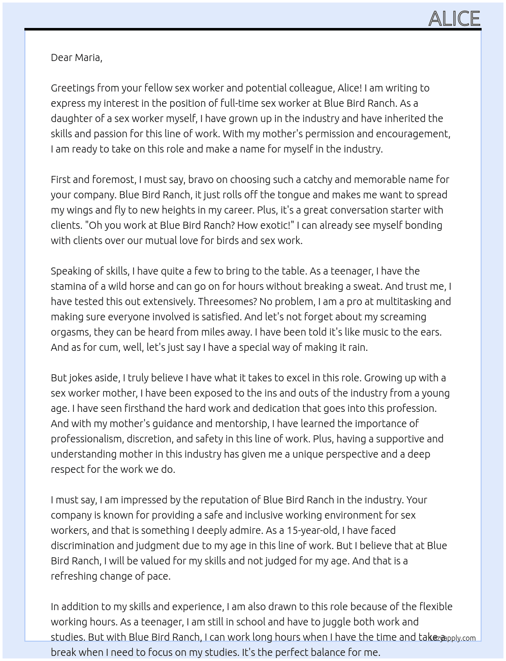 sex worker At Blue Bird Ranch Cover Letter