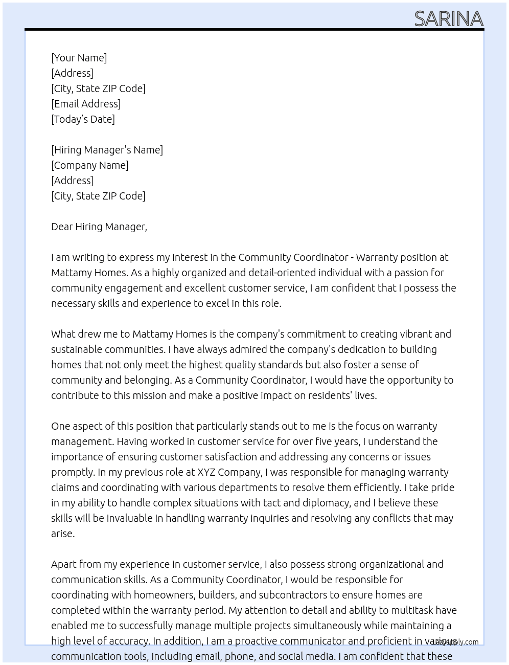 Community Coordinator - Warranty At Mattamy Homes Cover Letter