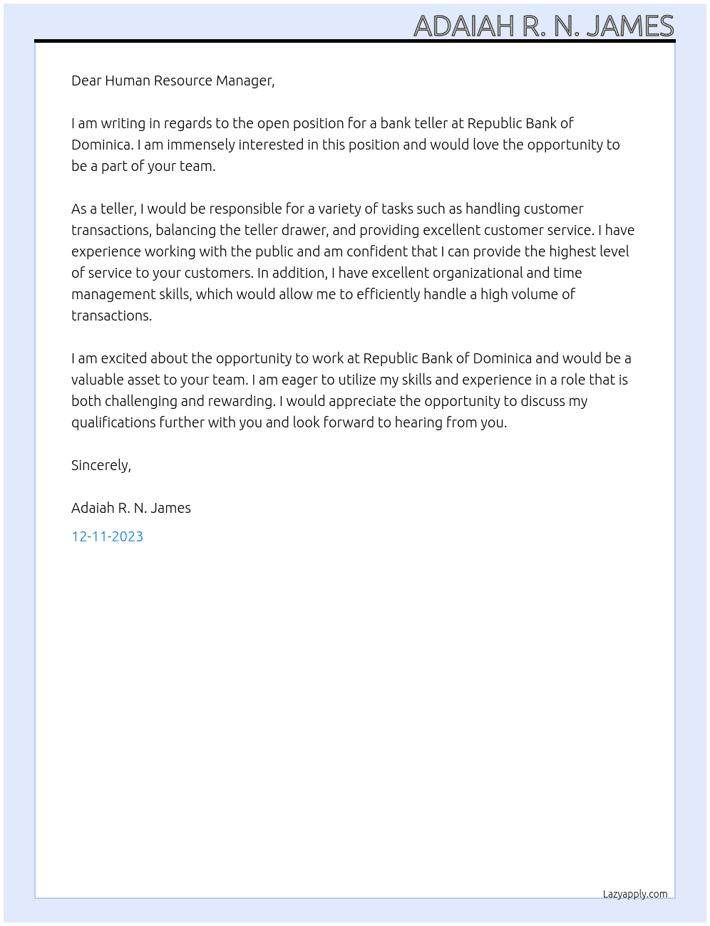 Bank Teller At Republic Bank of Dominica Cover Letter