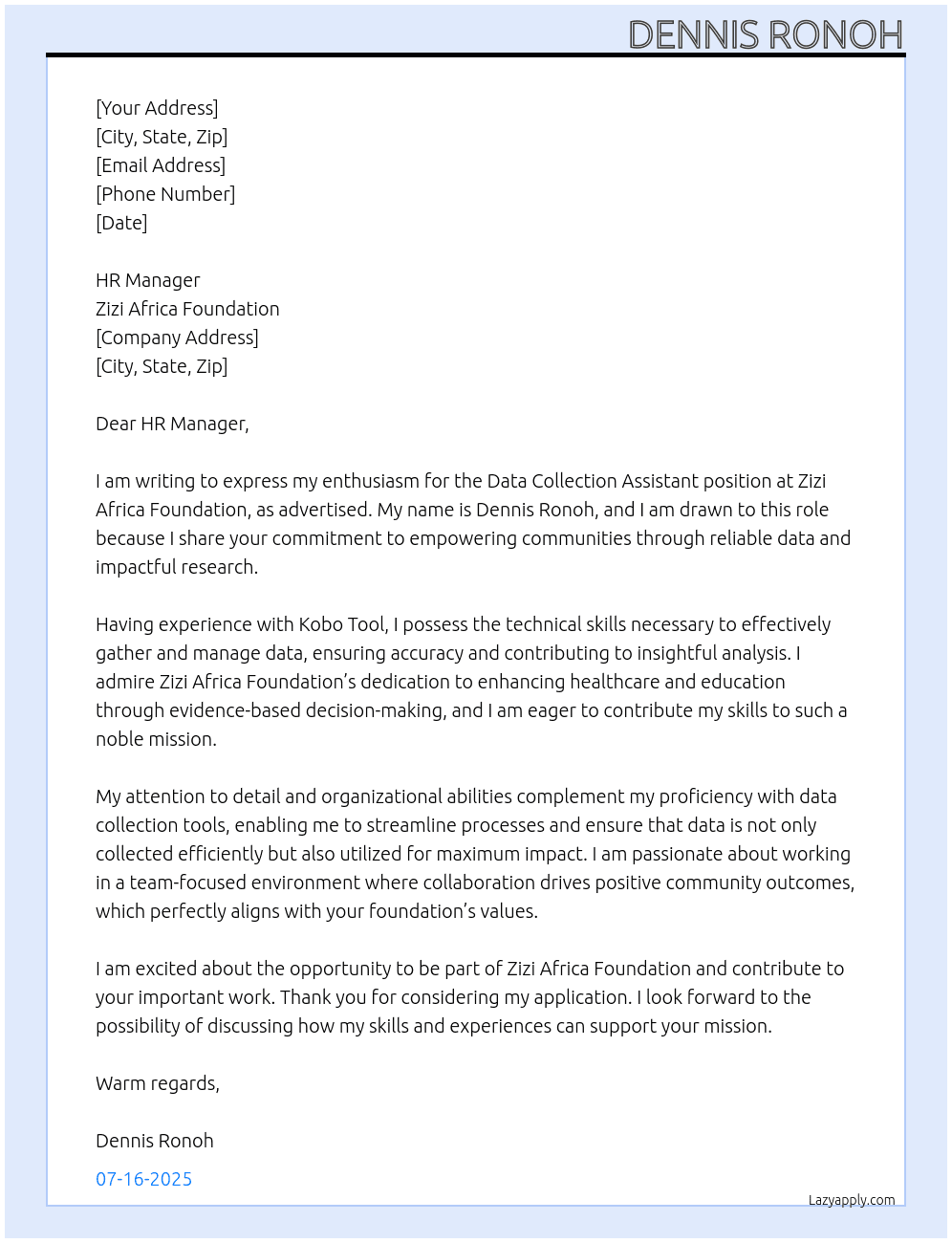 Data collection assistant  At Zizi Africa foundation  Cover Letter