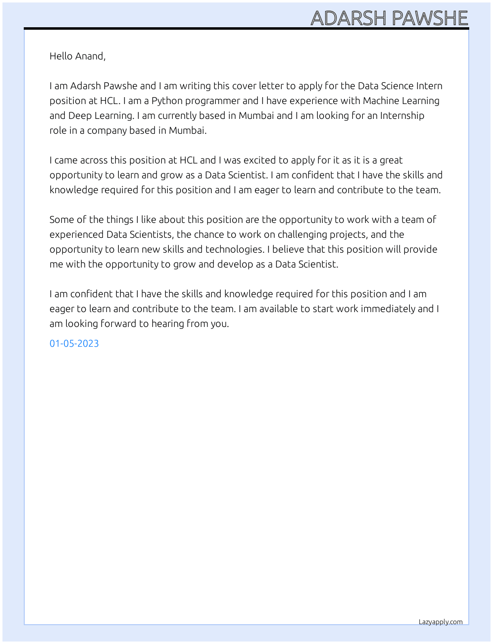 Data Science Intern At HCL Cover Letter