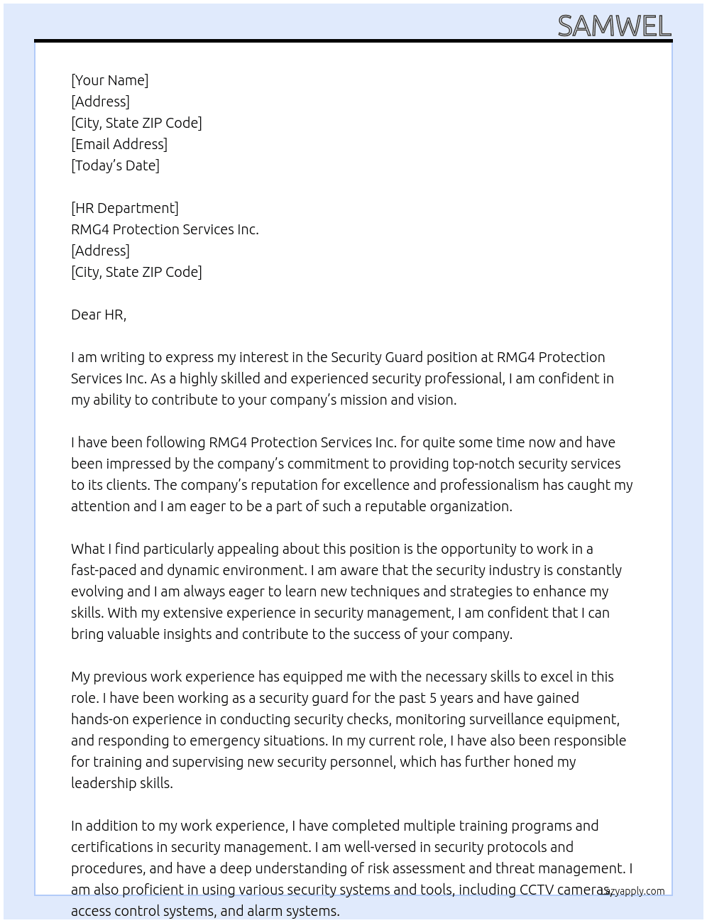Security Guard At RMG4 Protection Services Inc Cover Letter