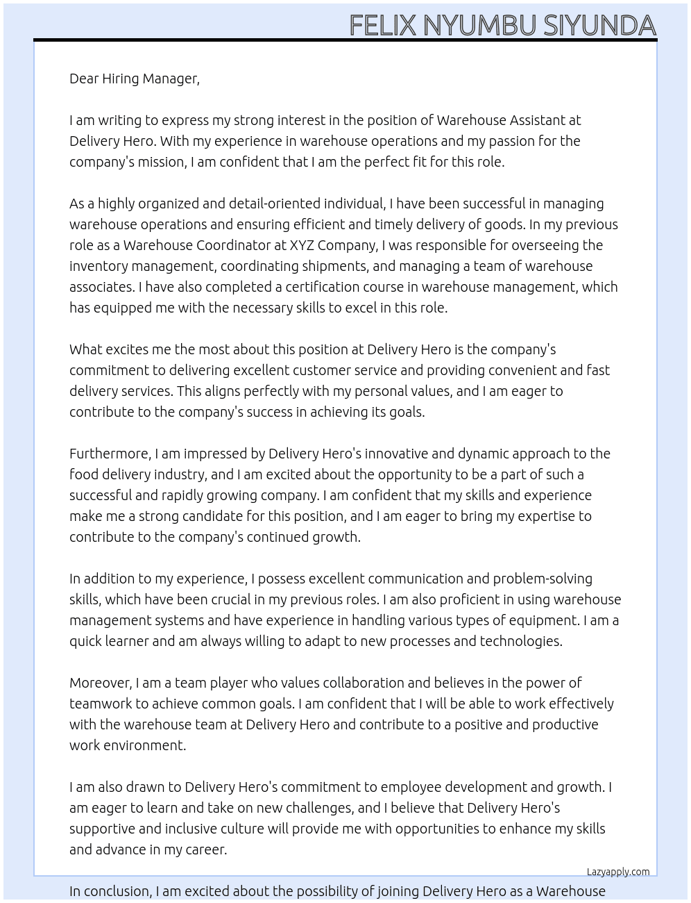 Warehouse Assistant At Delivery Hero Cover Letter