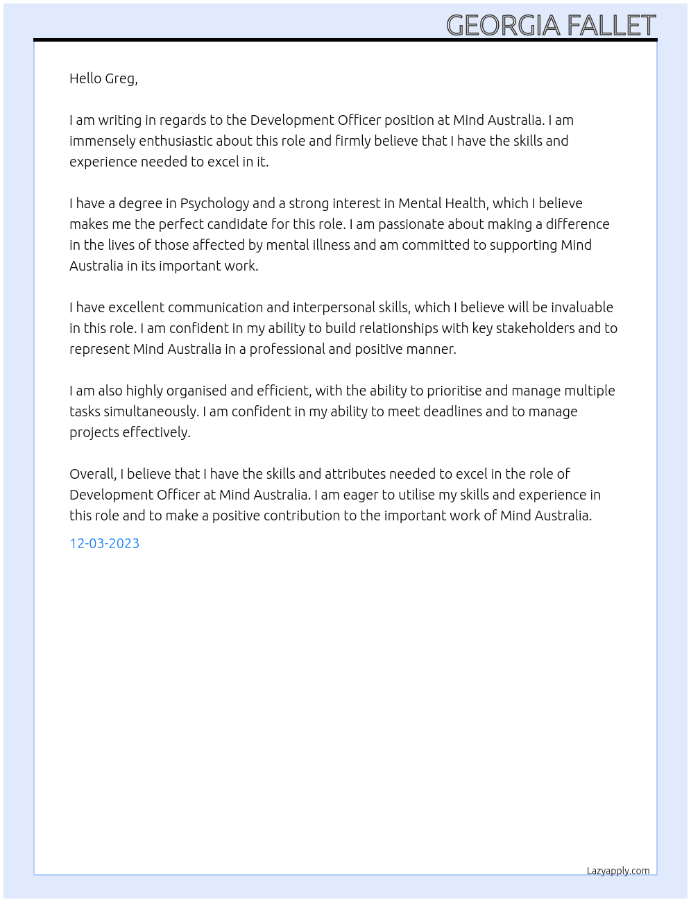 Development Officer At Mind Australia Cover Letter