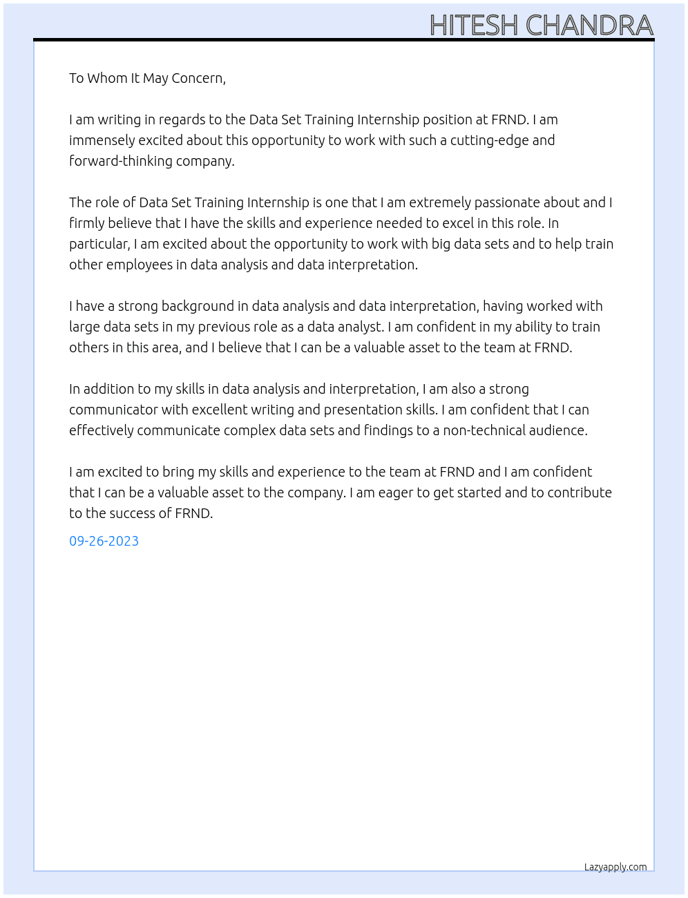 data set tarining internship At FRND Cover Letter