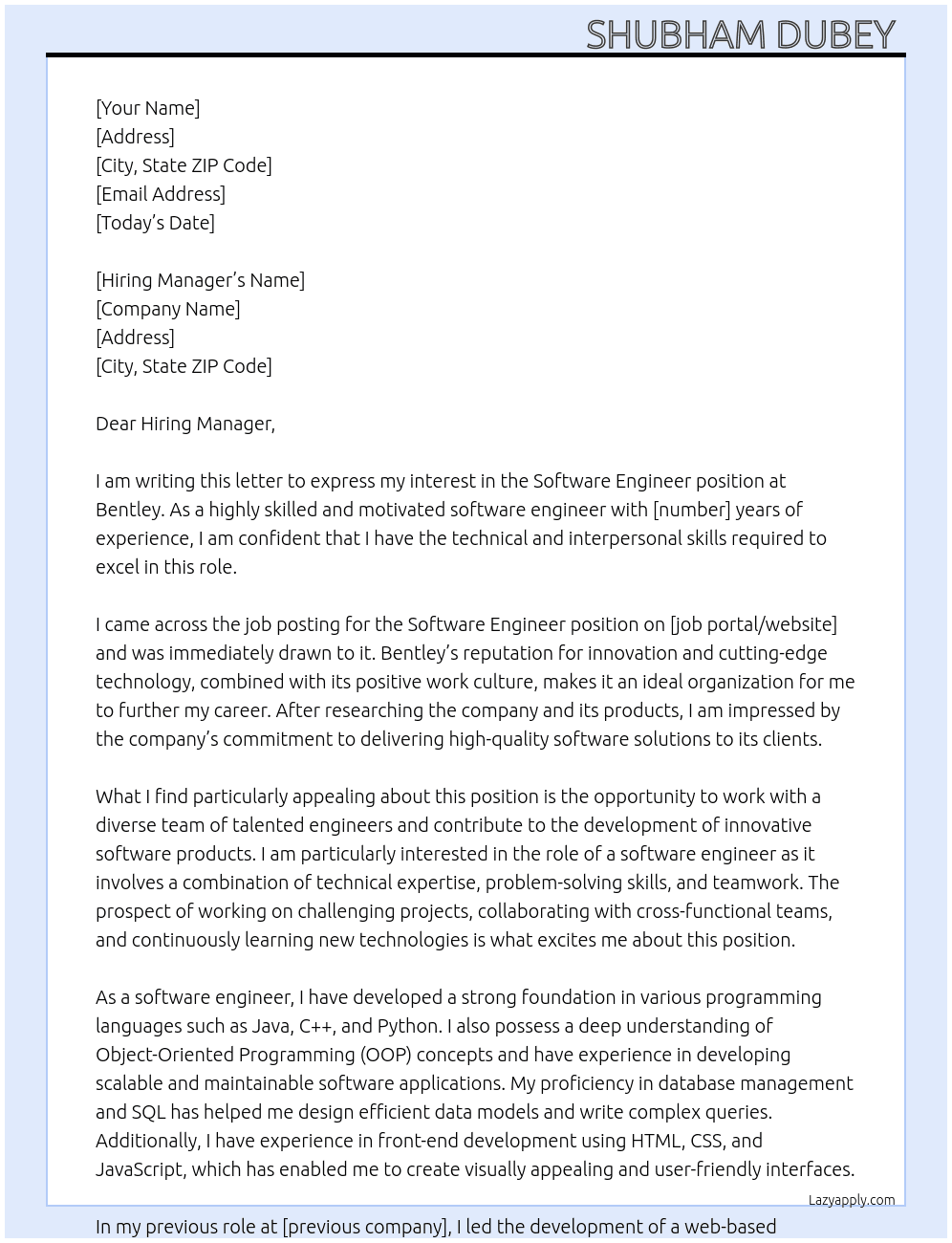 Software Engineer  At Bentley Cover Letter