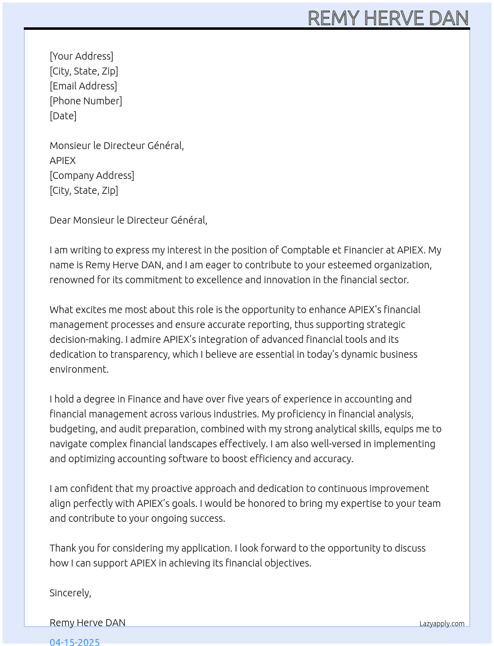 comptable et financier At Apiex Cover Letter