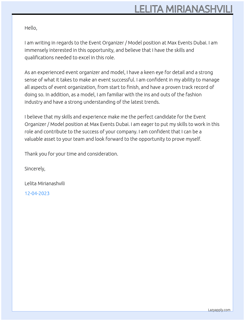 Event organizer / model At Max events dubai Cover Letter