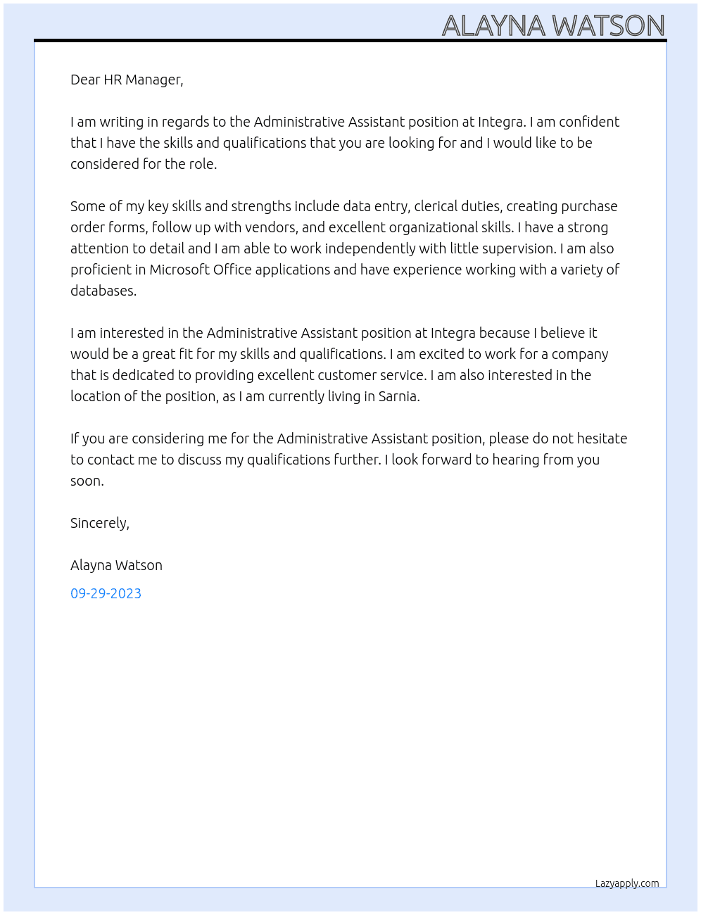 Adminstrative assistant At Integra Cover Letter