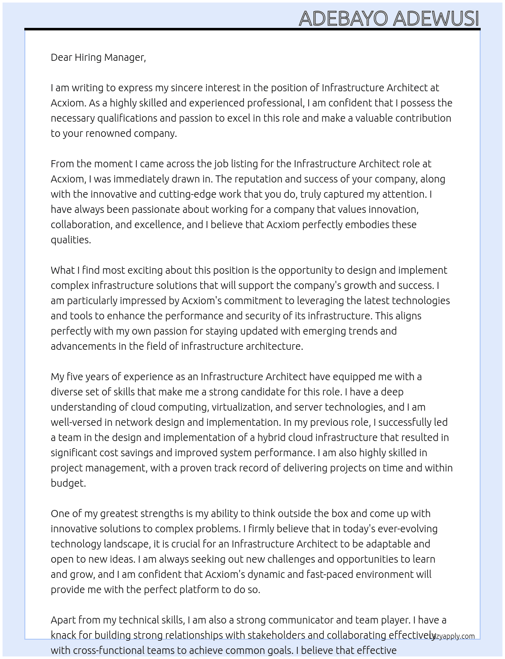 Infrastructure Architect  At Acxiom Cover Letter