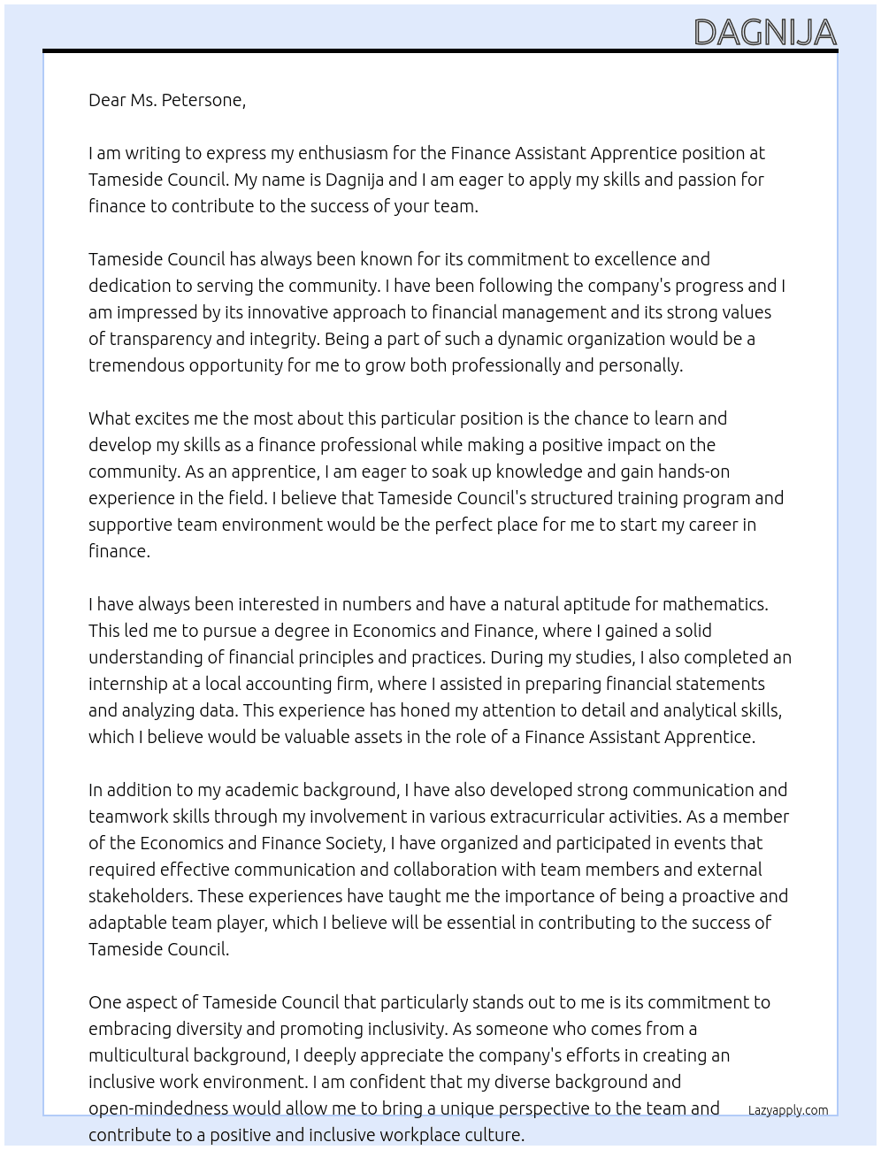 Finance assistant apprentice At Tameside Council Cover Letter