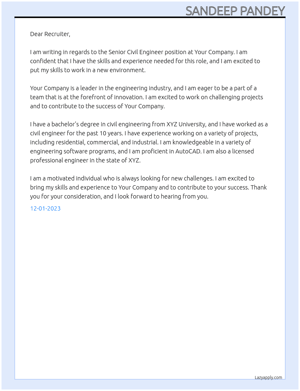 Senior Civil Engineer At Your Company Cover Letter
