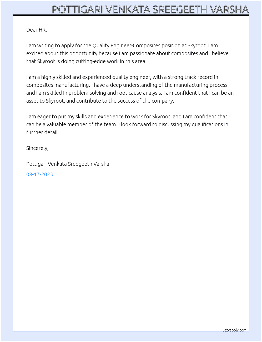 Quality Engineer-Composites At Skyroot Cover Letter
