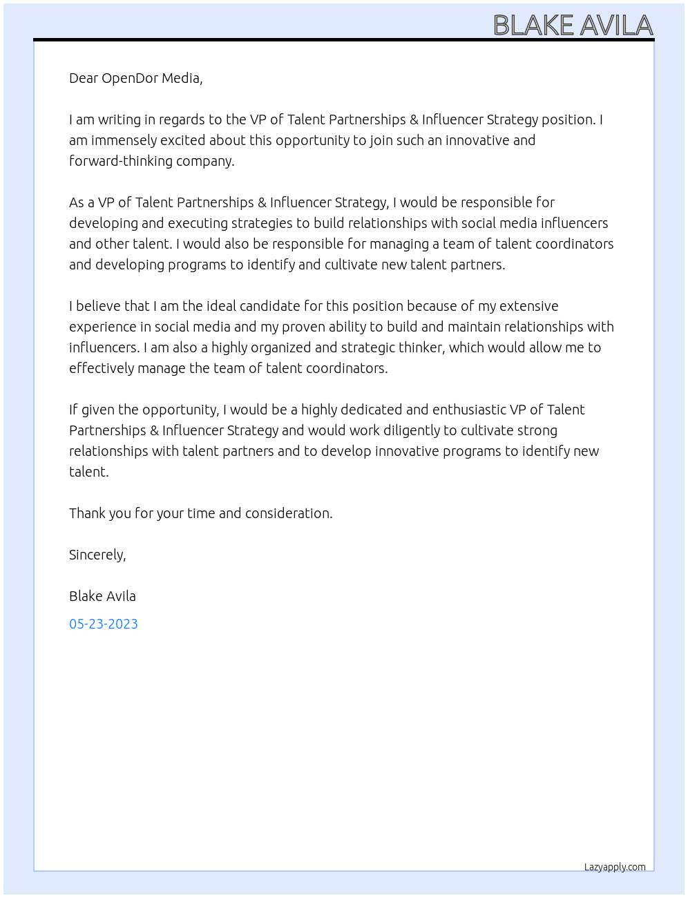 VP of Talent Partnerships & Influencer Strategy At OpenDor Media Cover Letter