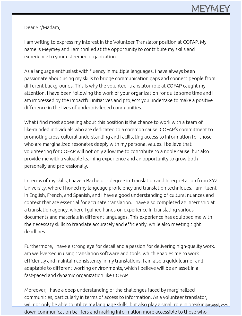 volunteer translator At COFAP Cover Letter