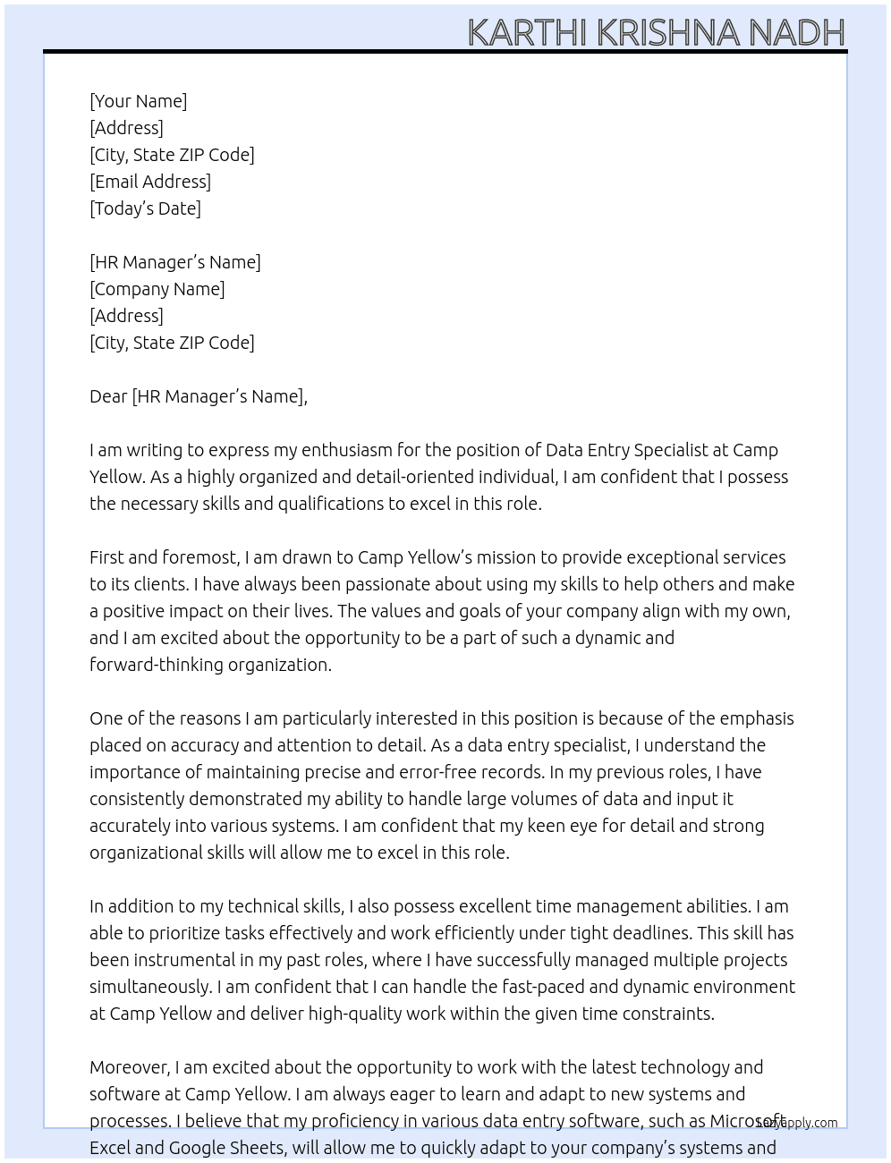 DATA ENTRY SPECIALIST At CAMP YELLOW Cover Letter