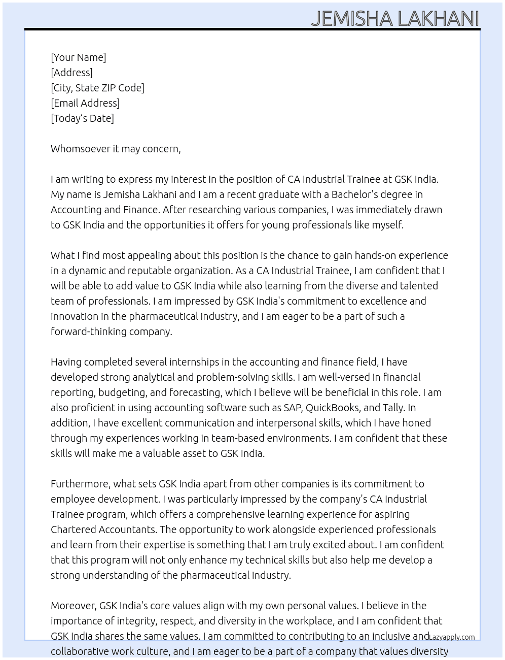 Ca industrial trainee  At GSK India Cover Letter
