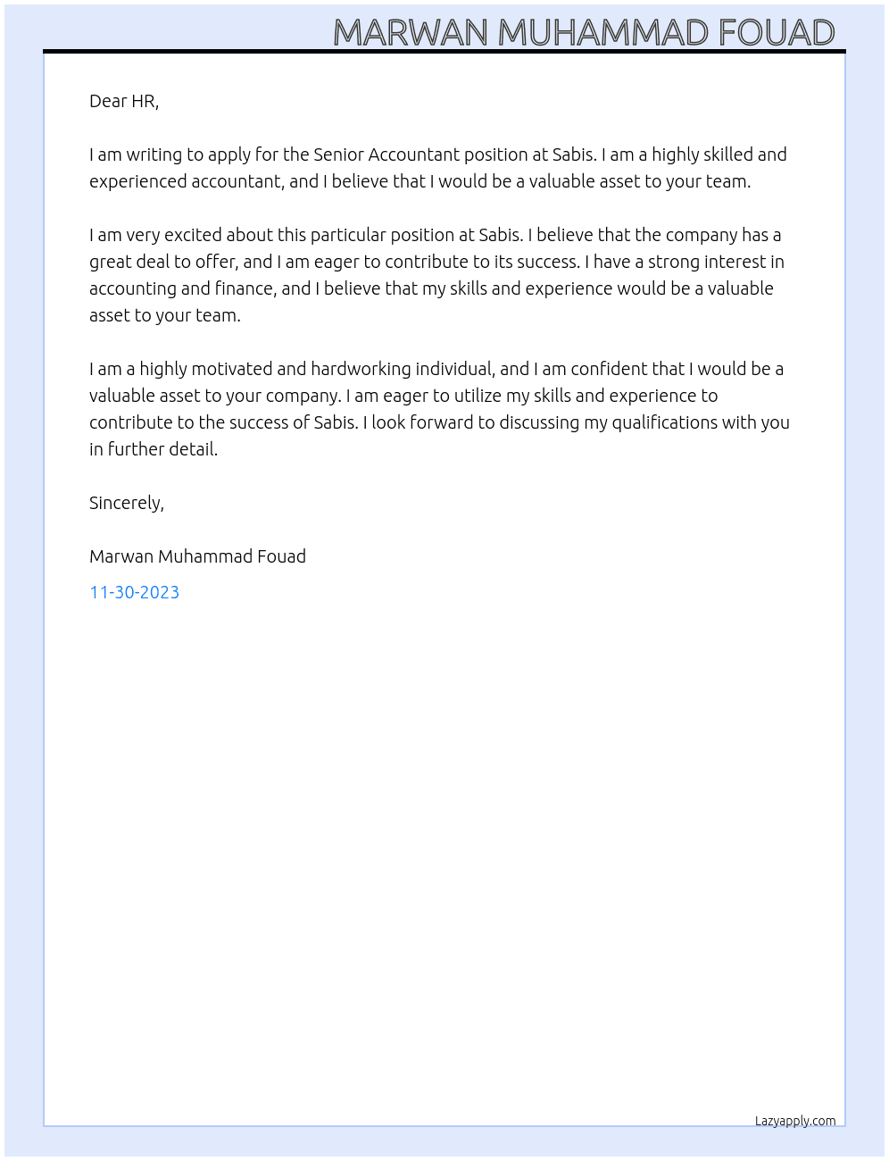 Senior accountant  At Sabis Cover Letter