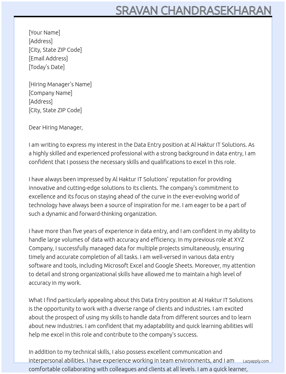 Data entry At  Al Haktur IT Solutions Cover Letter