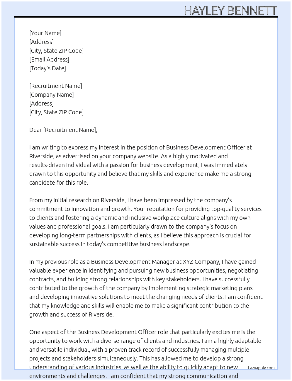 Business Development Officer  At Riverside Cover Letter