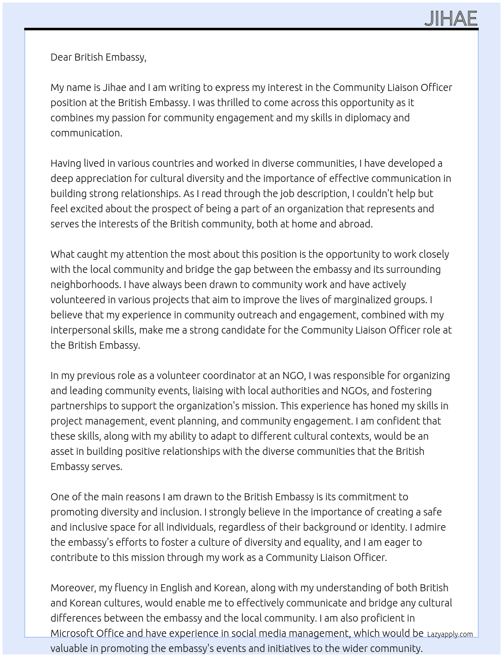 Community Liaison Officer At British Embassy Cover Letter