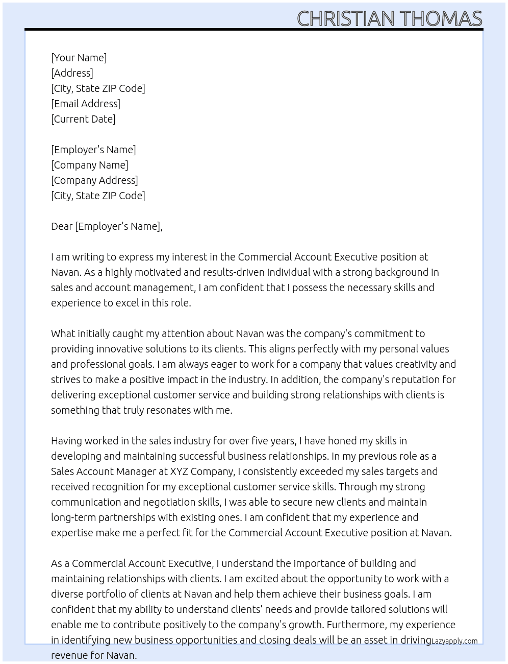 Commercial Account Executive  At Navan Cover Letter
