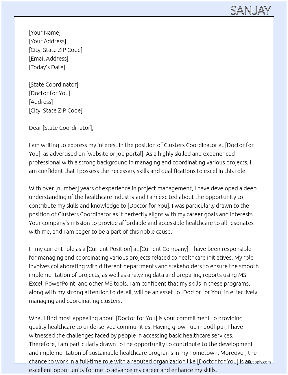 Clusters coordinator  At Doctor for you Cover Letter
