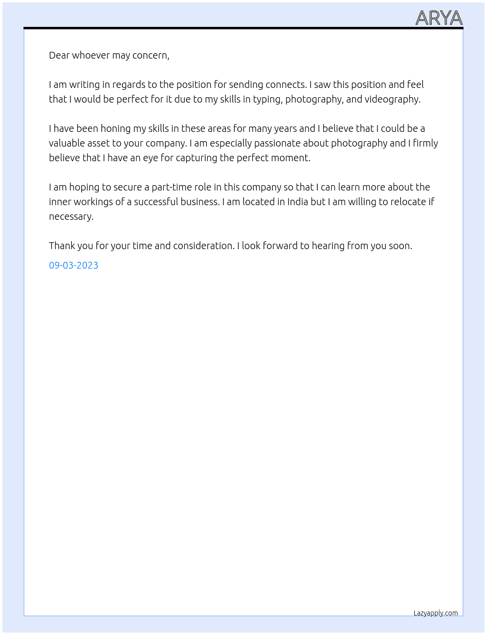 sending connects At dunno Cover Letter