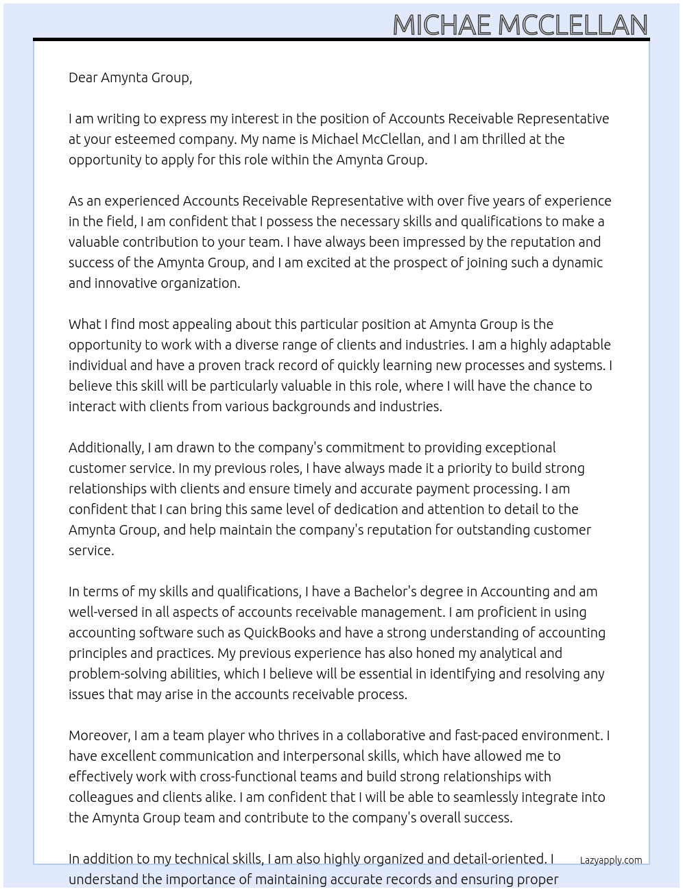 Accounts Receivable Representative  At Amynta Group Cover Letter