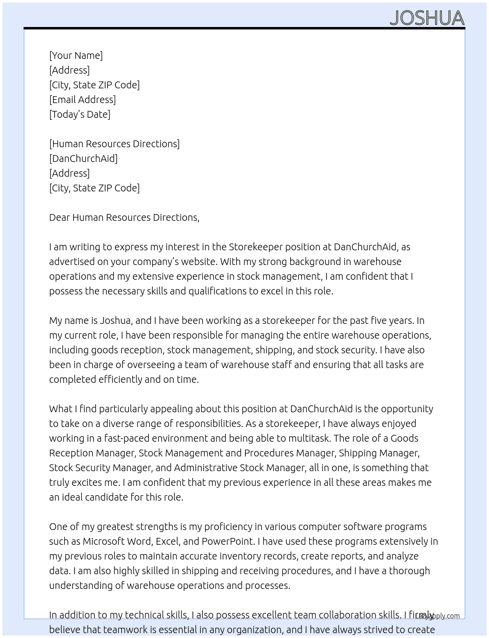 store keeper  At DanChurchAid Cover Letter