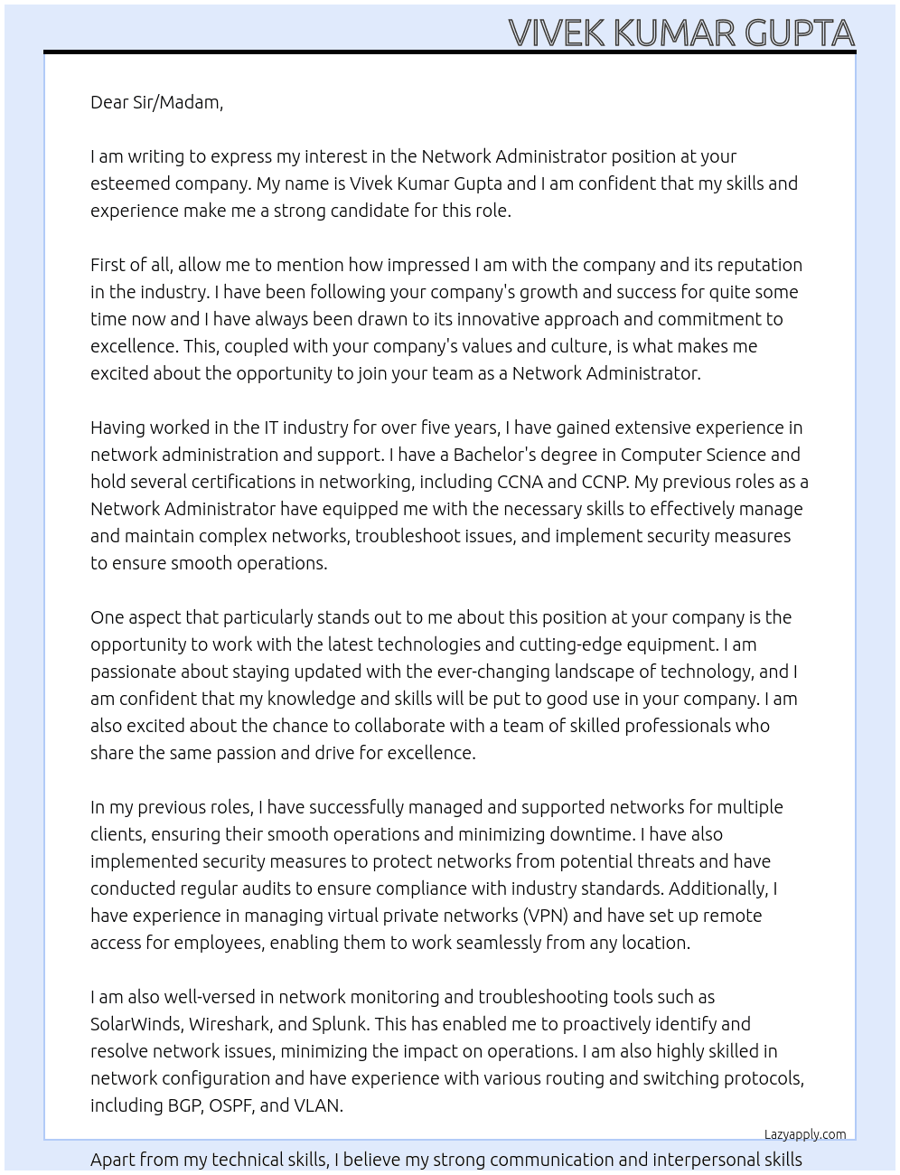 Network administrator At Sir madam Cover Letter