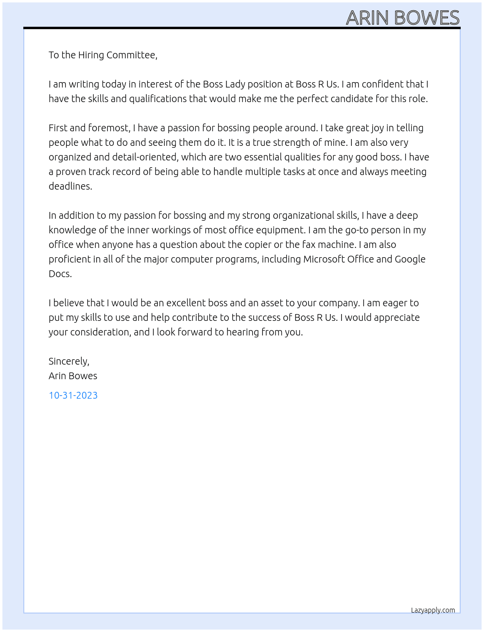Boss Lady At Boss R Us Cover Letter