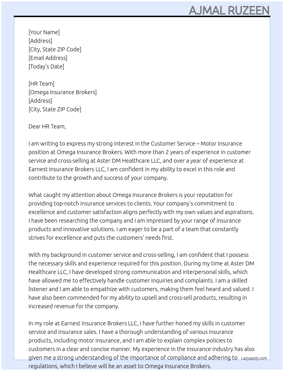 Customer Service - Motor insurance  At Omega Insurance Brokers Cover Letter
