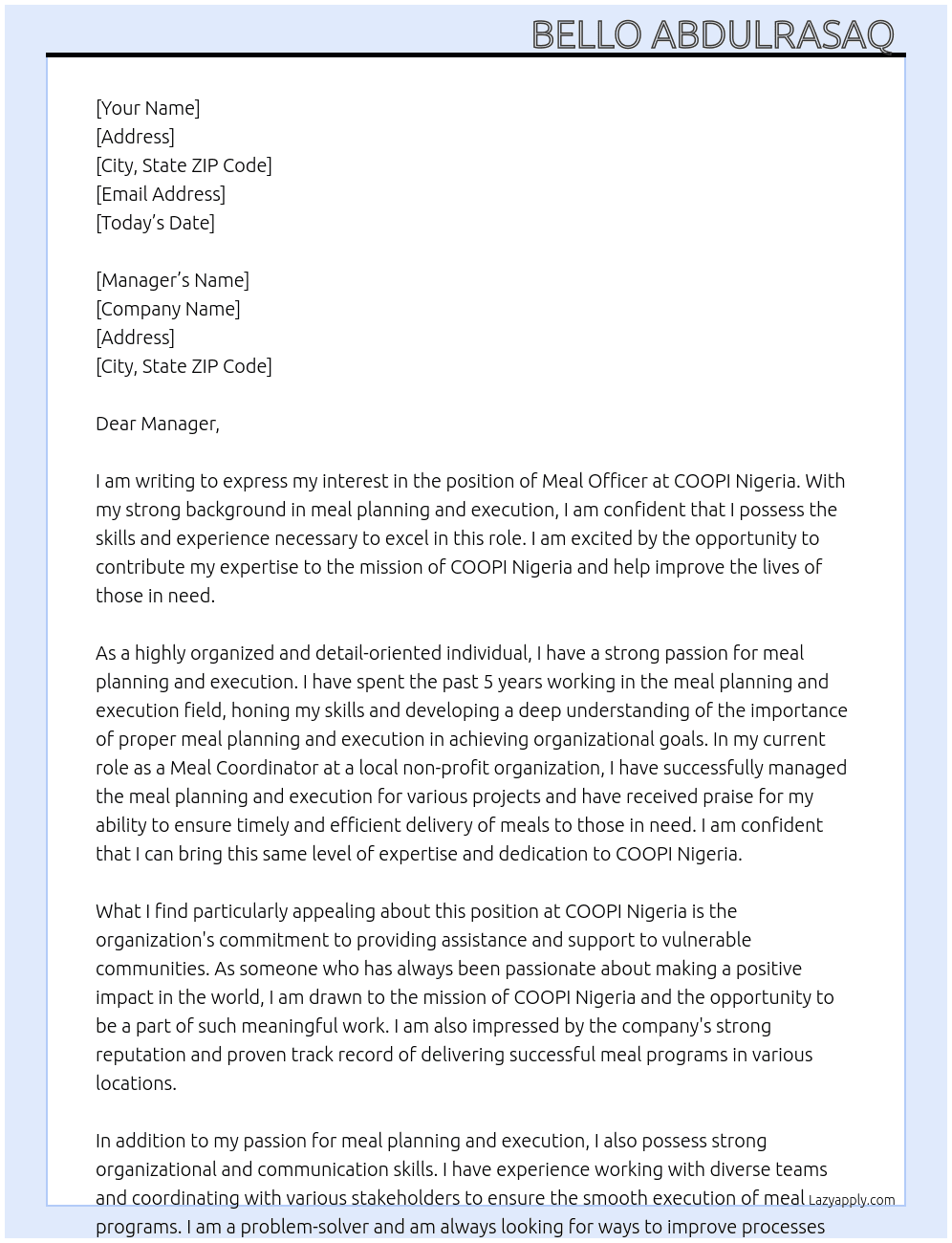 Meal officer At COOPI Nigeria  Cover Letter