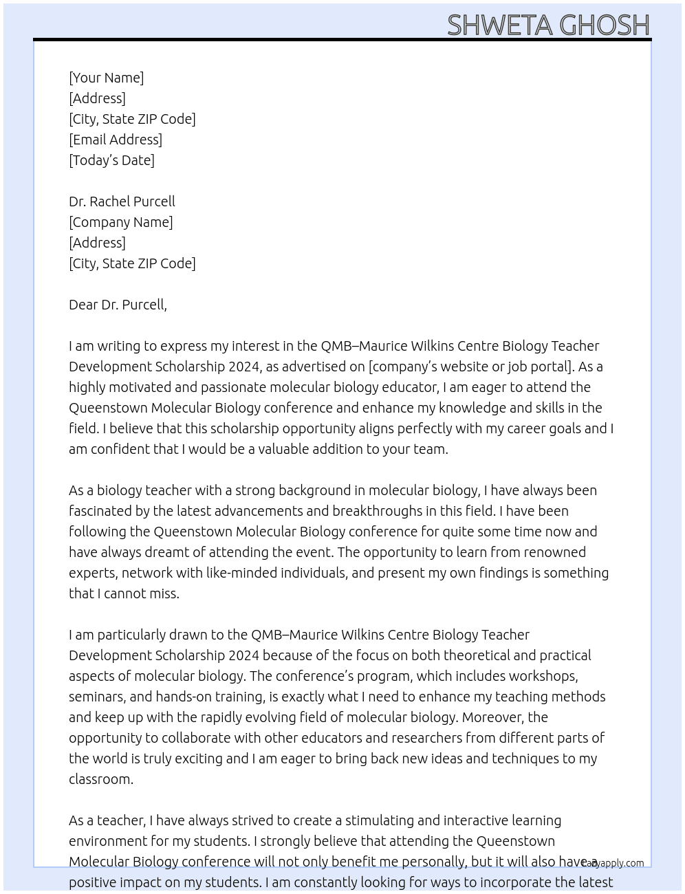 scholarships to attend the Queenstown Molecular Biology conference At QMB–Maurice Wilkins Centre Biology Teacher Development Scholarship 2024 Cover Letter