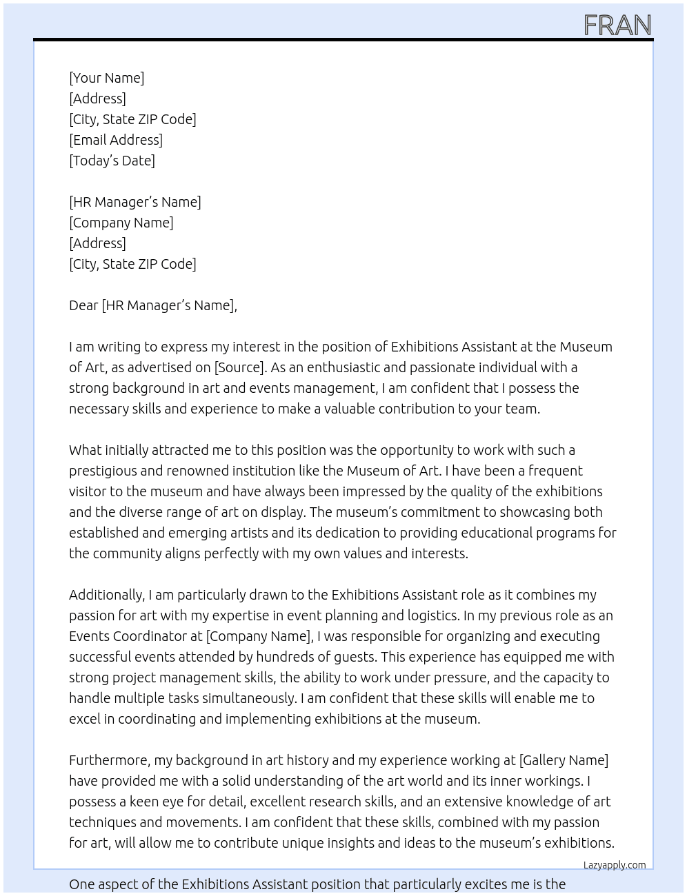 exhibitions assistant At museum of art Cover Letter