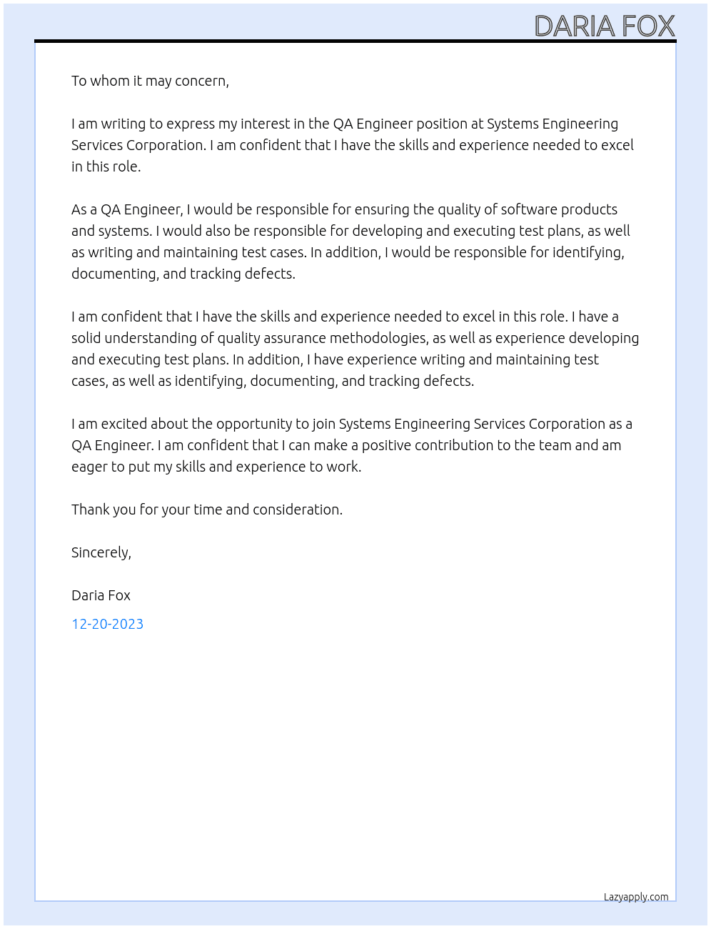 QA Engineer At ystems Engineering Services Corporation Cover Letter