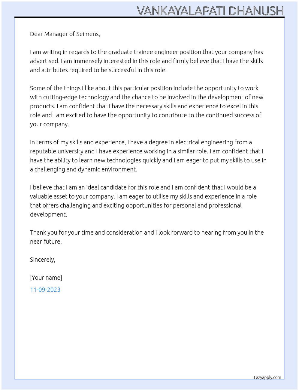 GRADUATE TRAINEE ENGINEER At SEMINES Cover Letter